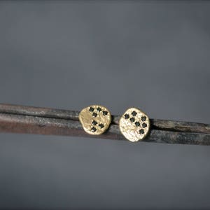 Gold diamonds earrings. 14K Yellow gold stud earrings with Black Diamonds. Handmade stud earrings.