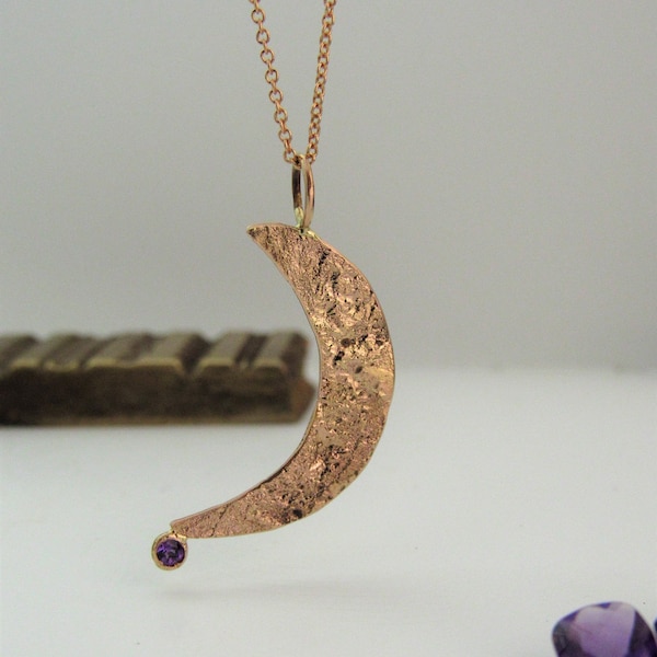 Moon necklace. Gold Necklace. 14 Karat solid Rose gold moon necklace with Purple Amethyst stone.