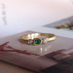 Emerald ring. 14K yellow gold ring with Green Emerald and 2 Diamonds. unique handmade ring