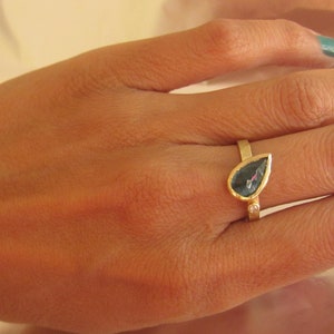 Engagement ring. 14K solid yellow gold ring with natural Blue Tourmaline and small Diamond. Unique ring. Free shipping