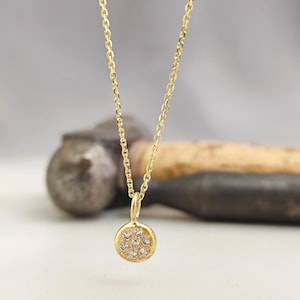 Gold diamonds necklace. 14k solid yellow gold necklace with a coin pendant and 0.07ct diamonds. UNIQUE handmade.