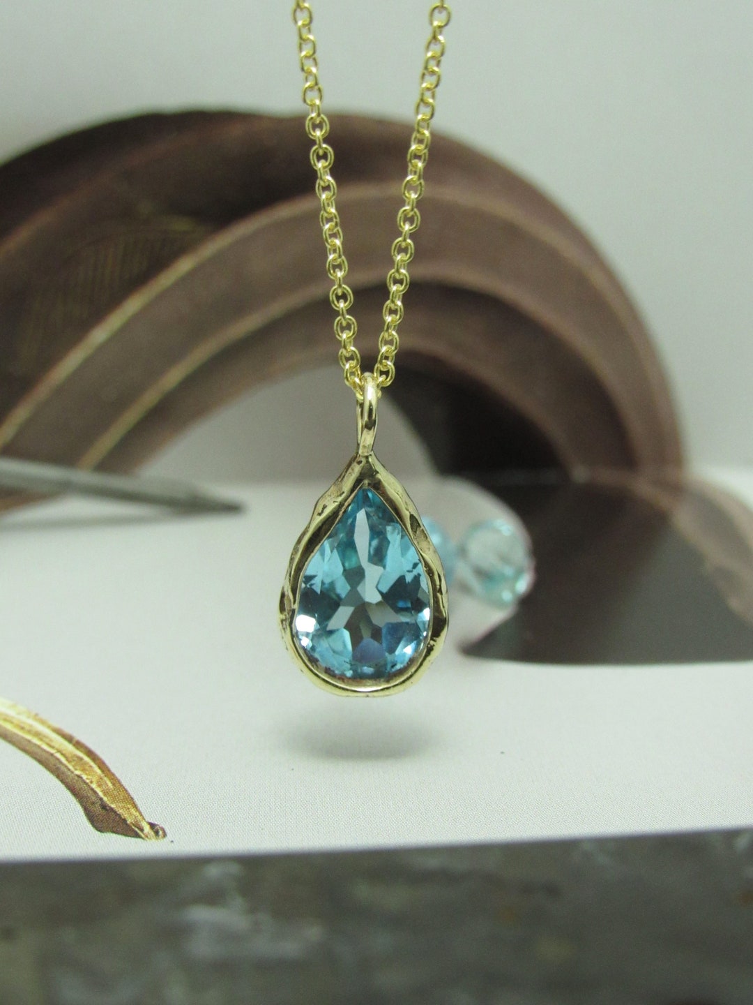 Aquamarine Necklace. 14k Yellow Gold Necklace With Blue Aquamarine. Unique Necklace. Etsy