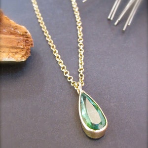Gold Tourmaline necklace. 14 Karat Solid Yellow gold necklace with natural Green Tourmaline drop shape.