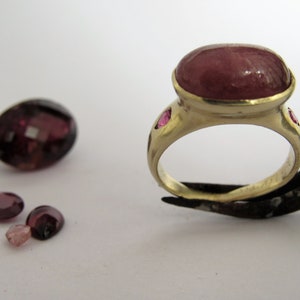 Tourmaline ring. 14K Yellow gold ring with Pink Tourmaline and Rubylight stone. UNIQUE handmade big ring.