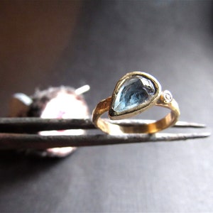 Engagement ring. 14K solid yellow gold ring with natural Blue Tourmaline and small Diamond. Unique ring. Free shipping