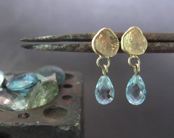 Gold earrings. 14K yellow gold Aquamarine earrings. Unique handmade earrings. Free shipping