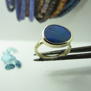 Australian Opal ring. 14K solid Yellow gold ring with Blue Australian Opal. Handmade ring.