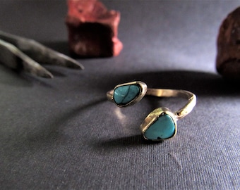 Turquoise ring. 14K Yellow gold ring with 2 Turquoise stone. Handmade unique ring.