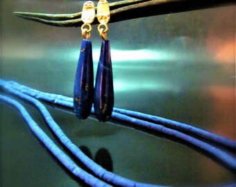 Massieve 14K gouden blauwe lapis-druppeloorbellen | Statement bengelende trouwsieraden