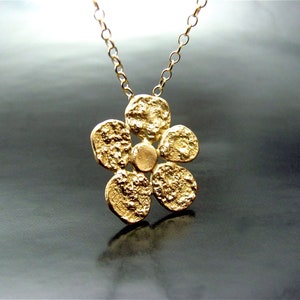 Jewelry set. 14k yellow gold necklace and earrings. Unique handmade flower shape necklace and earrings.