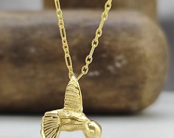 14k Solid Gold Hummingbird Necklace, Handmade Bird Charm Pendant