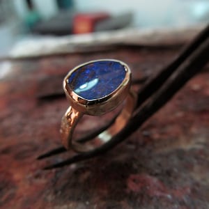 Australian Opal ring. 14K solid Yellow gold ring with Blue Australian Opal. Handmade ring.