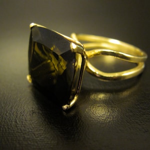 Gold Tourmaline ring. 14K solid yellow gold ring with big Green dark Tourmaline stone.