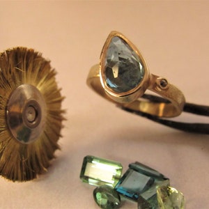 Engagement ring. 14K solid yellow gold ring with natural Blue Tourmaline and small Diamond. Unique ring. Free shipping