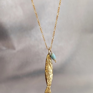 Gold necklace. Gold fish. 14 karat yellow gold fish necklace with the good eye stone. Handmade.