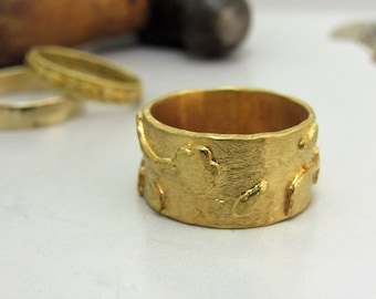 Handmade 14K Yellow Gold Wide Wedding Band – Textured Ring for Women