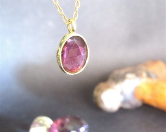 Necklace for women. 14 Karat solid yellow gold necklace, with natural oval Rubellite. Red Pendant.