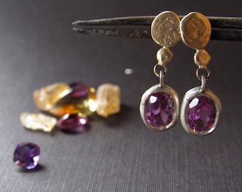 Earrings. 14k solid yellow gold & sterling silver earrings with Alexandrite. Unique handmade earrings