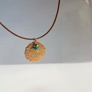 Necklace for men/women. 14k Yellow gold pendant with Turquoise stone, on a leather chain. UNIQUE necklace. Free shipping