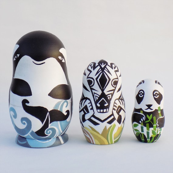 Black And White Animals Nesting Dolls 3 Pieces Etsy