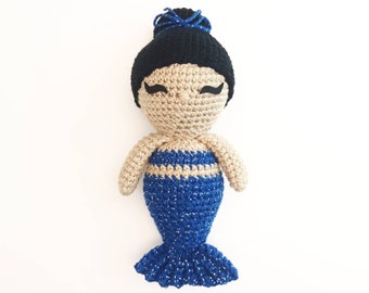 Mermaid Doll Plush | Stuffed Decoration Plushie Toy | 11 Inches | Crocheted | Light Skin | Blue Glitter Sparkle Tail | Single Bun Black Hair