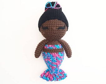 Mermaid Doll Plush | Stuffed Decoration Plushie Toy | 11 Inches | Crocheted | Dark Skin | Pink Blue Multicolored Tail Single Bun Black Hair