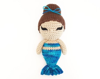 Mermaid Doll Plush | Stuffed Decoration Plushie Toy | 11 Inches | Handmade Crocheted | Light Skin | Blue Multicolored Tail | Brown Hair Bun