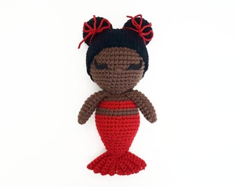 Mermaid Doll Plush | Stuffed Decoration Plushie Toy | 11 Inches | Handmade Crocheted | Dark Skin | Red Tail & Black Hair