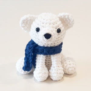 Polar Bear Plush Stuffed Decoration Plushie Toy 6 Inches Handmade Crocheted Snowy White with Blue Scarf image 1