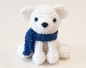 Polar Bear Plush | Stuffed Decoration Plushie Toy | 6 Inches | Handmade Crocheted | Snowy White with Blue Scarf