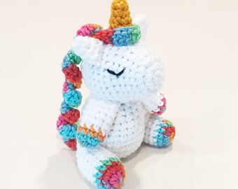 Unicorn Plush | Stuffed Decoration Plushie Toy | 7 Inches | Sleepy Sleeping | Handmade Crocheted | White & Rainbow Multicolored