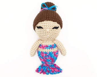Mermaid Doll Plush | Stuffed Decoration Plushie Toy | 11 Inches | Handmade Crocheted | Light Skin Pink Blue Multicolored Tail Brown Hair Bun