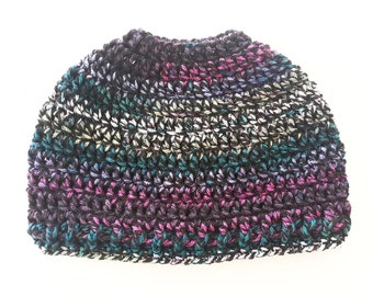 Ponytail Beanie | Messy Bun Hat | Top Knot Beanie | Handmade Crocheted Hat with Hole on Top | Ombre Multicolor Pink Blue Grey & Black