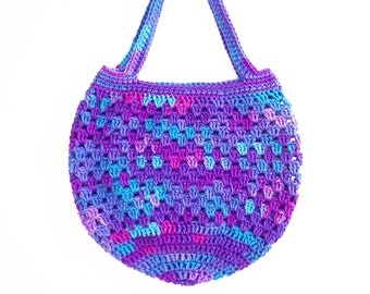 Market Bag | Medium Tote | 13 Inches | Handmade Crocheted | Fashion Purse | Boho Style | 100% Acrylic | Purples & Blues Multicolored
