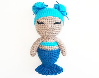 Mermaid Doll Plush | Stuffed Decoration Plushie Toy | 12 Inches | Handmade Crocheted | Tan Skin | Dark Blue Tail & Light Aqua Turquoise Hair