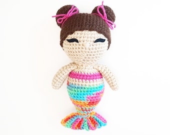 Mermaid Doll Plush | Stuffed Decoration Plushie Toy | 11 Inches | Handmade Crocheted | Light Skin | Rainbow Multicolored Tail & Brown Hair