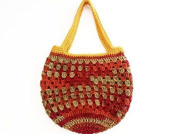 Market Bag | Small Tote | 10 Inches | Handmade Crocheted | Fashion Purse | Boho Style | 100% Acrylic | Autumn Multicolored | Gold Accents