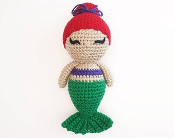 Mermaid Doll Plush | Stuffed Decoration Plushie Toy | 11 Inches | Crocheted | Light Skin | Green Tail | Single Bun Red Hair