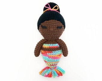 Mermaid Doll Plush | Stuffed Decoration Plushie Toy | 11 Inches | Crocheted | Dark Skin | Rainbow Multicolored Tail | Single Bun Black Hair