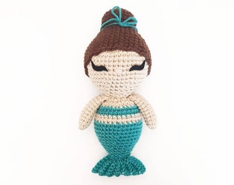 Mermaid Doll Plush | Stuffed Decoration Plushie Toy | 11 Inches | Handmade Crocheted | Light Skin | Teal Sea Green Tail | Brown Hair Bun