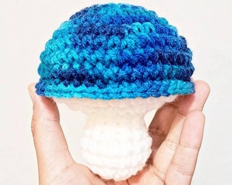 Stuffed Mushroom | Decoration Plushie Toy | 5 Inches | Handmade Crocheted | Small Handheld | Blue Multicolored Cap & White Stem