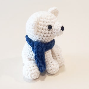 Polar Bear Plush Stuffed Decoration Plushie Toy 6 Inches Handmade Crocheted Snowy White with Blue Scarf image 2