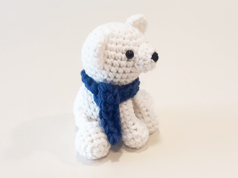Polar Bear Plush Stuffed Decoration Plushie Toy 6 Inches Handmade Crocheted Snowy White with Blue Scarf image 2