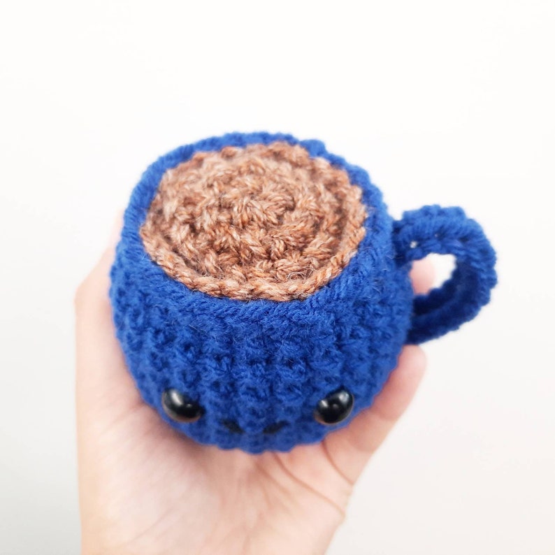 Stuffed Coffee Mug Cute Smiling Decoration Plushie Toy Small Handheld 3 Inches Handmade Crocheted Dark Royal Blue image 4