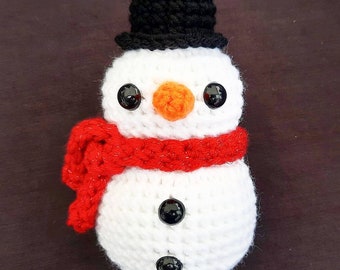 Snowman Plush | Stuffed Decoration Toy | 7 Inches | Handmade Crocheted | Cute Christmas Gift | White with Red Glittery Scarf and Black Hat
