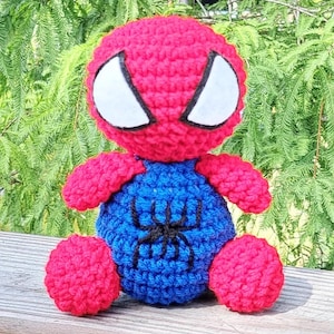 Super Hero Plush | Stuffed Decoration Plushie Toy | 6 Inches | Red & Blue Doll Man | Handmade Crocheted | Cute Spider Emblem on Chest