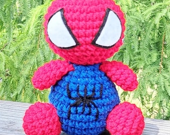 Super Hero Plush | Stuffed Decoration Plushie Toy | 6 Inches | Red & Blue Doll Man | Handmade Crocheted | Cute Spider Emblem on Chest