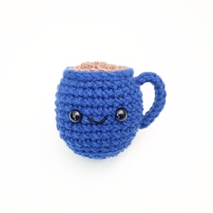 Stuffed Coffee Mug Cute Smiling Decoration Plushie Toy Small Handheld 3 Inches Handmade Crocheted Dark Royal Blue image 1