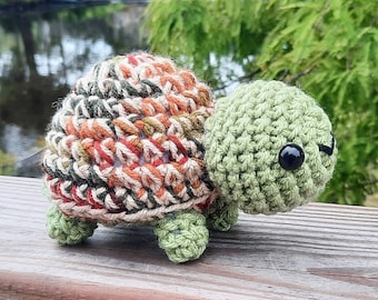 Turtle Plush | Stuffed Plushie Toy | 5 Inches | Handmade Crocheted | Green With Light Beige Brown & Red Multicolored Shell