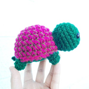 Turtle Plush | Stuffed Plushie Toy | 5 Inches | Handmade Crocheted | Dark Ivy Green With Dark Pink & Brown Multicolored Shell